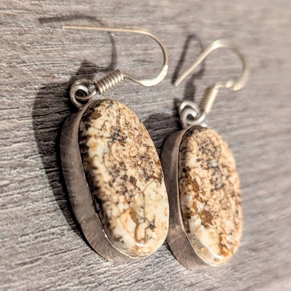 Picture Jasper Natural Stone Earrings Sterling Silver 925 Brown Black Fish Hook - Picture 9 of 12